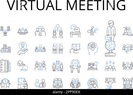 Collection d'icônes de ligne de réunion virtuelle. Conférence en ligne, rassemblement numérique, présentation à distance, assemblage électronique, session de webinaire, Chat vidéo Illustration de Vecteur
