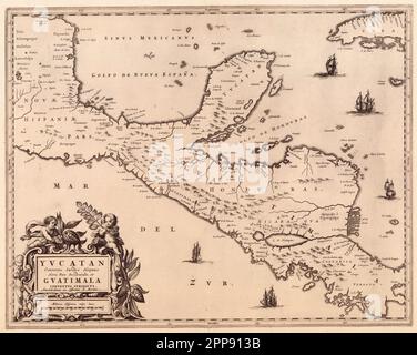 Carte antique vers 1662 de la péninsule du Yucatan et du Guatemala par le cartographe néerlandais Joan Blaeu (1596-1673) Banque D'Images