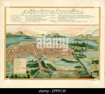 Plan de vue aérienne d'époque de Mexico et des environs, y compris le lac Texcoco et les volcans, par Juan Gomez de Trasmonte di Ao c. 1628 Banque D'Images