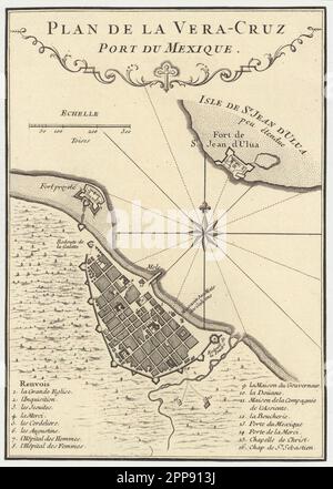 Carte et plan français vintage de la ville fortifiée Port de Veracruz, Mexique, 18th siècle Banque D'Images