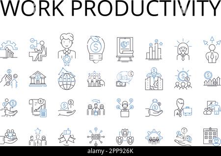 Collection d'icônes de ligne de productivité du travail. Gestion du temps, efficacité des tâches, achèvement des tâches, qualité de sortie, taux de performances, Quantité de sortie Illustration de Vecteur