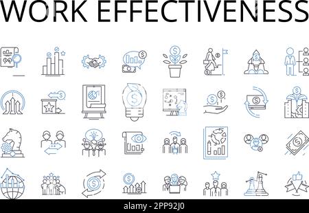 Collection d'icônes de ligne d'efficacité du travail. Synergie des équipes, engagement des employés, efficacité des tâches, productivité des réunions, gestion du temps, Utilisation des compétences Illustration de Vecteur