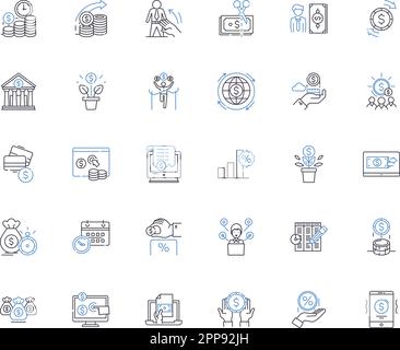 Collection d'icônes de ligne de compte bancaire. Épargne, chèques, intérêts, transaction, dépôt, Retrait, vecteur d'équilibre et illustration linéaire. Découvert Illustration de Vecteur
