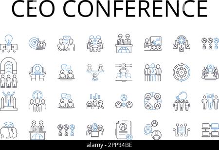Collection d'icônes de ligne de conférence du PDG. Réunion des responsables, sommet de la direction, retraite d'entreprise, réunion du personnel, forum de leadership, Symposium des superviseurs Illustration de Vecteur