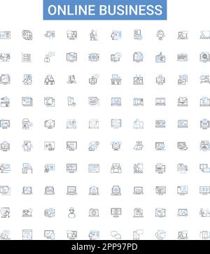 Collection d'icônes de contour d'entreprise en ligne. E-commerce, Storefront, numérique, marchandises, marché, Jeu d'illustrations vectorielles de la publicité et des services Illustration de Vecteur