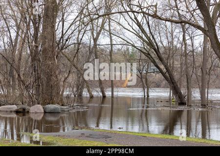 Inondations printanières du fleuve Mississippi au nord de Minneapolis à Fridley, Minnesota avril 2023 Banque D'Images