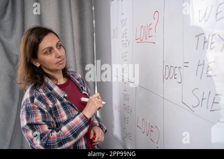 Professeur d'anglais près du conseil d'administration en classe, expliquer les règles de grammaire aux élèves. Éducation et apprentissage Banque D'Images