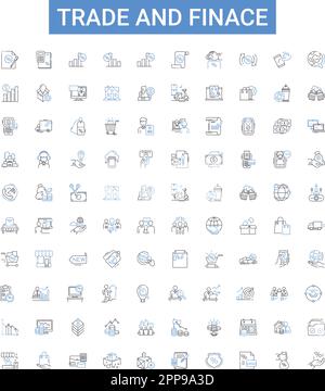 Collection d'icônes de contour de commerce et de finition. Finance, négociation, marchés, investissement, banque, Exchange, jeu d'illustrations vectorielles de fonds. Actions, obligations Illustration de Vecteur