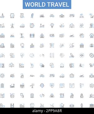 Jeu d'icônes de ligne de vecteur de voyage dans le monde. Monde, Voyage, Globe, Explorer, Voyage, Aventure, illustration de vacances contour des symboles et des signes de concept Illustration de Vecteur