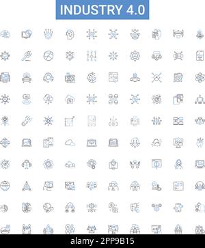Collection d'icônes de contour de l'industrie 4,0. Factory, Automation, Smart, Cyber-physique, Big, Données, jeu d'illustrations vectorielles Robotics. Cybersécurité Illustration de Vecteur