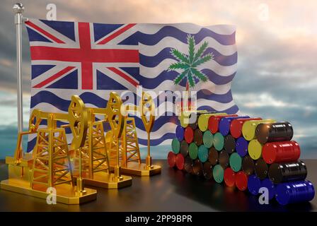 Le marché pétrolier de l'océan Indien britannique. Pompe à huile en or et fûts métalliques. Le concept de la production, du stockage et de la valeur du pétrole. Ind. Britannique Banque D'Images