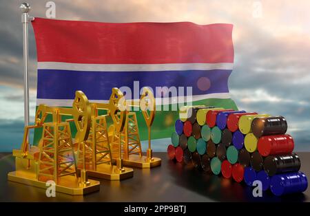Le marché du pétrole de la Gambie. Pompe à huile en or et fûts métalliques. Le concept de la production, du stockage et de la valeur du pétrole. Drapeau de Gambie en arrière-plan Banque D'Images