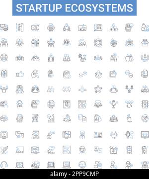 Les écosystèmes de démarrage présentent une collection d'icônes. Incubateurs, accélérateurs, semences, financement, mentorat, VCS, jeu d'illustrations vectorielles Angel. Investisseurs Illustration de Vecteur