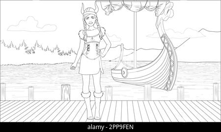 Page de coloriage de fille Viking avec un fond de navire dans la mer. Illustration vectorielle Illustration de Vecteur