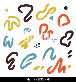 collection squiggles 90 styles. Gribouillages multicolores pour le textile ou l'arrière-plan et le design. Lignes colorées et gaies pour les enfants. Illustration vectorielle Illustration de Vecteur