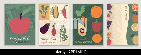 Ensemble d'affiches pour les légumes frais et les fruits biologiques.Greengrocers Shop ou restaurant utilisant des produits alimentaires naturels sains et bio. Ferme biologique Illustration de Vecteur