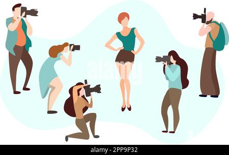 Ensemble de divers photographes tenant un appareil photo et photographiant. Profession ou profession créative. Les personnages de dessin animé féminins et masculins mignons prennent une photo. Illustration vectorielle colorée de style plat Illustration de Vecteur