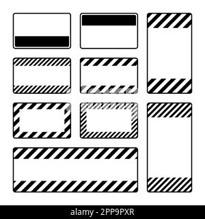 Divers panneaux d'avertissement noirs vierges avec lignes diagonales. Panneau attention, danger ou attention, signalisation du chantier. Panneau de signalisation réaliste Illustration de Vecteur