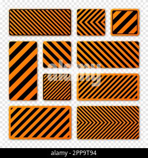 Divers panneaux d'avertissement noirs et orange avec lignes diagonales. Panneau attention, danger ou attention, signalisation du chantier. Panneau de signalisation réaliste Illustration de Vecteur