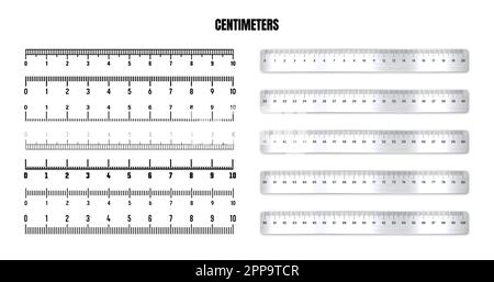 Règles métalliques réalistes avec échelle en centimètres noirs pour mesurer la longueur ou la hauteur. Diverses échelles de mesure avec divisions. Règle, mètre à ruban Illustration de Vecteur