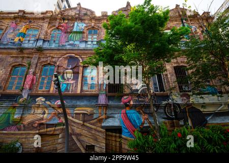 Façade peinte par Jalan Mahkamah Persekutuan, vieille ville de Kuala Lumpur, Malaisie. Banque D'Images