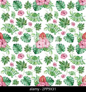 Ensemble de vecteurs aquarelles de plantes tropicales et de fleurs. Décorations exotiques. Illustration de Vecteur
