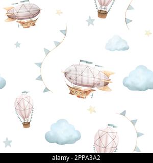 Motif aquarelle sans couture avec illustration des véhicules volants et des caractéristiques de voyage. Vaisseau aérien, avion rétro, ballon d'air chaud, drapeaux, nuages, drapeaux Banque D'Images