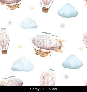 Motif aquarelle sans couture avec illustration des véhicules volants et des caractéristiques de voyage. Dirigeable, , ballon d'air chaud, nuages, étoiles sur fond blanc Banque D'Images