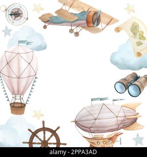 Illustration aquarelle du cadre avec des véhicules volants et des caractéristiques de voyage. Avion, avion rétro, ballon d'air chaud, jumelles, volant, étoiles Banque D'Images