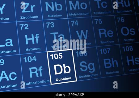 Dubnium, sur la table périodique. Elément transactinide synthétique radioactif avec symbole d'élément dB et numéro atomique 105. Nommé d'après Dubna. Banque D'Images