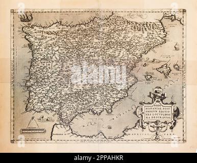 Huelva, Espagne - 22 avril 2023: Carte originale de 1579, 16th siècle, fait à la main sur parchemin, représentant la péninsule ibérique, l'Espagne et le Portugal à la TH Banque D'Images