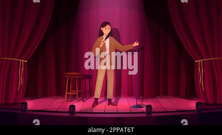 Spectacle humoristique avec illustration vectorielle humoristique. Caricature jeune femme debout avec un microphone sur scène avec des rideaux rouges pour raconter une histoire amusante, un concert de stand-up en boîte de nuit Illustration de Vecteur