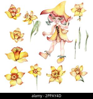 Narcisse, ensemble de fleurs aquarelle avec fille de fary. Illustration dessinée à la main. Jardin jaune d'été. Design pour fête de douche de bébé, anniversaire, gâteau, vacances Banque D'Images