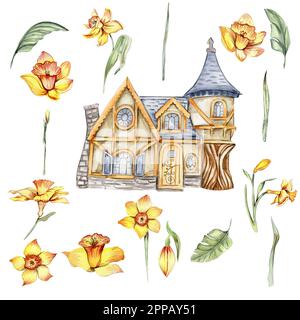 Narcisse, ensemble de fleurs aquarelles avec maison de la farerie. Illustration dessinée à la main. Jardin jaune d'été. Design pour fête de douche de bébé, anniversaire, gâteau, holida Banque D'Images