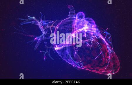 Cœur humain brillant composé de particules de néon. Art de concept de santé de coeur magique lumineux Banque D'Images