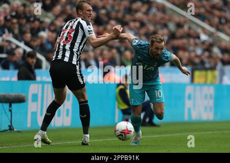 Newcastle, Royaume-Uni. 23rd avril 2023Tottenham Harry Kane de Hotspur en action avec Dan Burn de Newcastle United lors du match de la Premier League entre Newcastle United et Tottenham Hotspur à St. James's Park, Newcastle, le dimanche 23rd avril 2023. (Photo : Mark Fletcher | ACTUALITÉS MI) Credit: MI News & Sport /Alamy Live News Banque D'Images