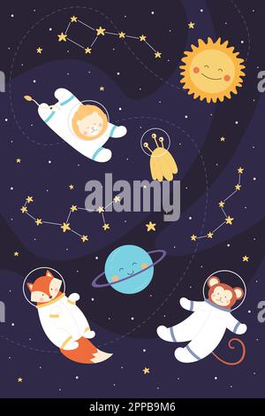 Aventure spatiale des animaux astronautes illustration du vecteur vertical. Dessin d'art puéril avec de jolis explorateurs dans un casque et un vaisseau spatial volant dans une galaxie avec des planètes en roquette, des étoiles dans une constellation Illustration de Vecteur