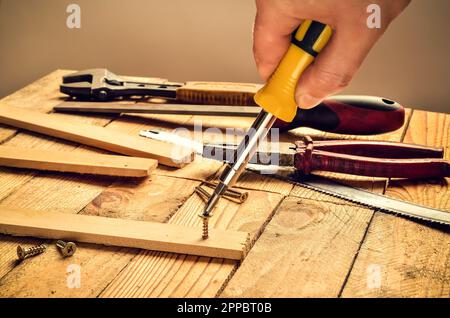 Outil de maintien à la main dans l'atelier. Tournevis, lime plate, pince, , clé à singe, vis et planches sur fond en bois naturel. Banque D'Images