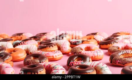 Beignets doux au chocolat et glaçure rose sur fond rose. espace de copie, bannière. Desserts sucrés, fête nationale du Donut Day Banque D'Images