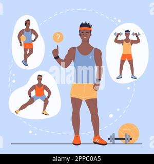 Homme actif choisir entre différents types d'activité physique saine pour l'illustration du vecteur de bien-être. Affiche de dessin animé avec personnage masculin pensant au choix sportif, au football ou à la forme physique, au yoga Illustration de Vecteur
