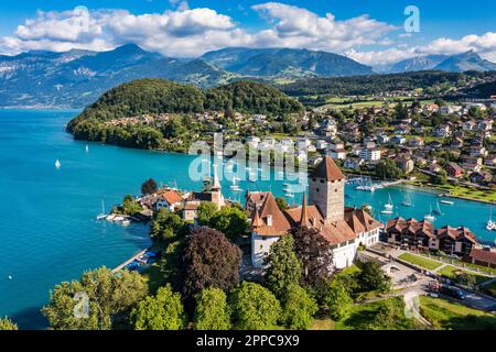 Vue panoramique aérienne de l'église et du château de Spiez sur les rives du lac Thoune, dans le canton suisse de Berne, au coucher du soleil, à Spiez, en Suisse. Château de Spiez Banque D'Images