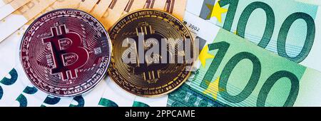 Plus de bitcoin or euro argent. Cryptocurrency Bitcoin. Devise Crypto concept. Avec Bitcoin l'introduction des billets. Les Bitcoins empilés sur les billets en euros. Banque D'Images