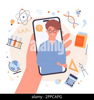 Illustration de vecteur pour les jeunes étudiants d'université ou d'université, études supérieures, possibilités de carrière. Main de dessin animé tenant le téléphone avec un petit garçon malmené en doute pensant à l'enseignement supérieur à l'écran Illustration de Vecteur