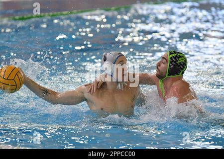 Polo Natatorio Bianchi, Trieste, Italie, 22 avril 2023, Michele Mezzarobba (Pallanuoto Trieste) contre Jacopo Alesiani (AN Brescia) pendant Pallanuoto tr Banque D'Images