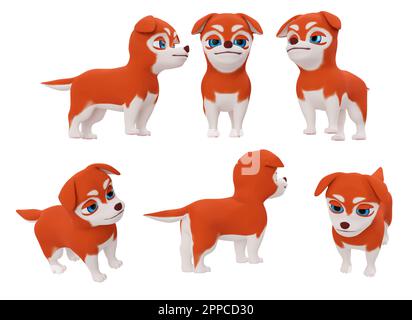 Bande dessinée Husky chiot différents angles isolés sur fond blanc Détails de haute qualité - rendu 3D Banque D'Images