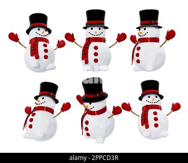 Dessin animé Snowman différents angles isolés sur fond blanc haute qualité des détails - 3D rendu Banque D'Images