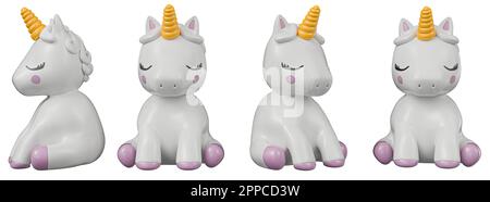 Caricature Unicorn différents angles isolés sur fond blanc Détails de haute qualité - rendu 3D Banque D'Images