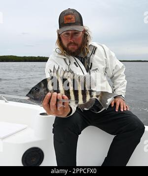 Un pêcheur à la ligne admire une jolie prise des appartements et des îles au large de Crystal River dans le comté de Citrus ! Gros poisson ! Banque D'Images