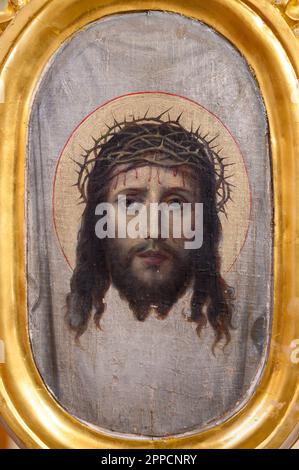 Une icône du visage de Jésus. L'Église grecque-catholique de la Dormition de la mère de Dieu à Čemerné, Slovaquie. Banque D'Images