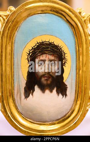 Une icône du visage de Jésus. L'Église grecque-catholique de la Dormition de la mère de Dieu à Čemerné, Slovaquie. Banque D'Images